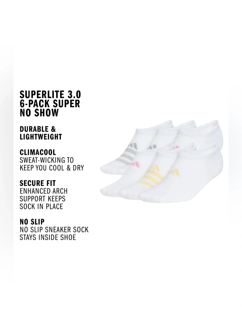 NWOT! Adidas Superlite 3.0 6-Pack No-Show Socks Size Medium (5-10)